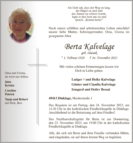 Anzeige von Berta Kalvelage von OM-Medien