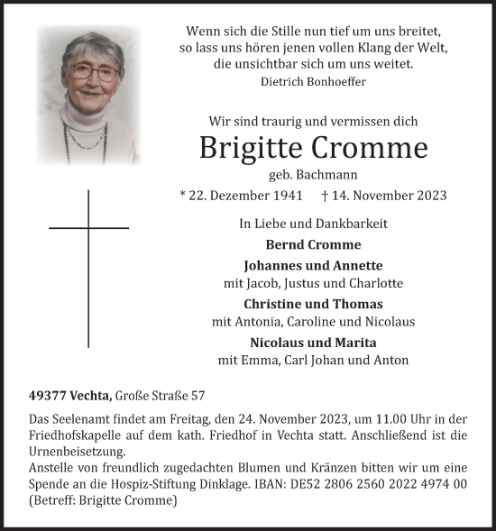 Anzeige von Brigitte Cromme von OM-Medien