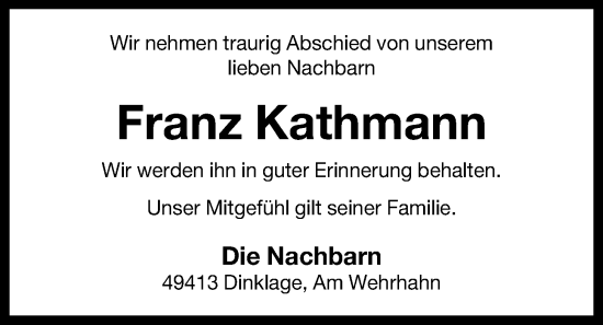 Anzeige von Franz Kathmann von OM-Medien