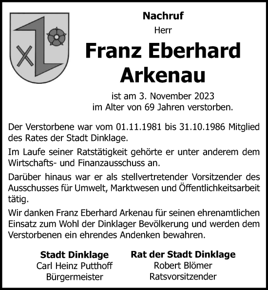 Anzeige von Franz Eberhard Arkenau von OM-Medien