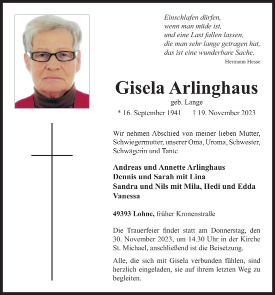 Anzeige von Gisela Arlinghaus von OM-Medien