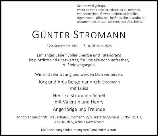 Anzeige von Günter Stromann von OM-Medien