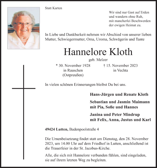 Anzeige von Hannelore Kloth von OM-Medien