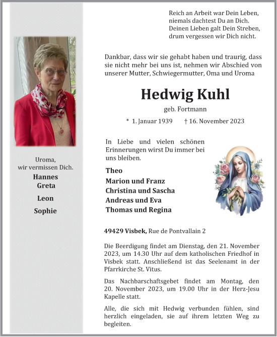 Anzeige von Hedwig Kuhl von OM-Medien