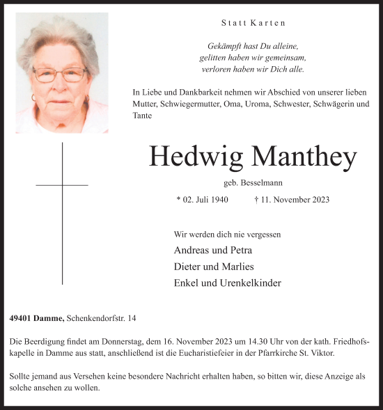 Anzeige von Hedwig Manthey von OM-Medien
