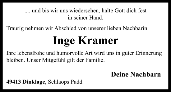 Anzeige von Inge Kramer von OM-Medien