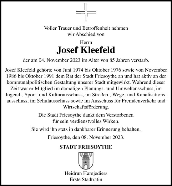 Anzeige von Josef Kleefeld von OM-Medien