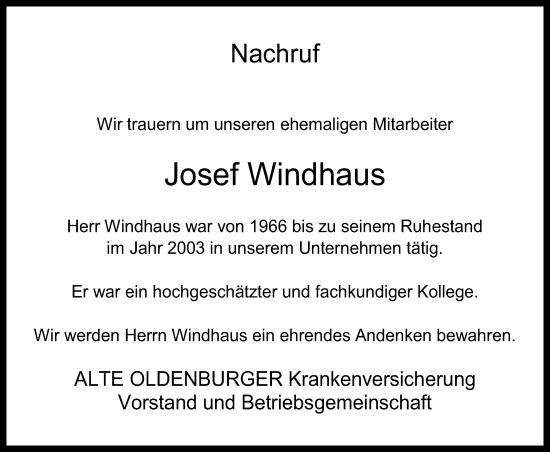 Anzeige von Josef Windhaus von OM-Medien