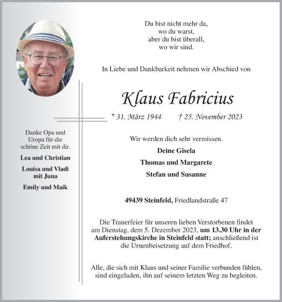 Anzeige von Klaus Fabricius von OM-Medien