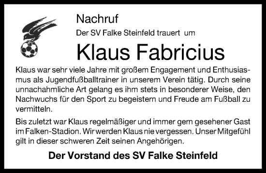 Anzeige von Klaus Fabricius von OM-Medien