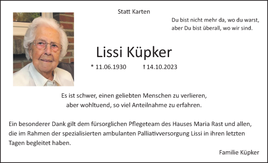 Anzeige von Lissi Küpker von OM-Medien