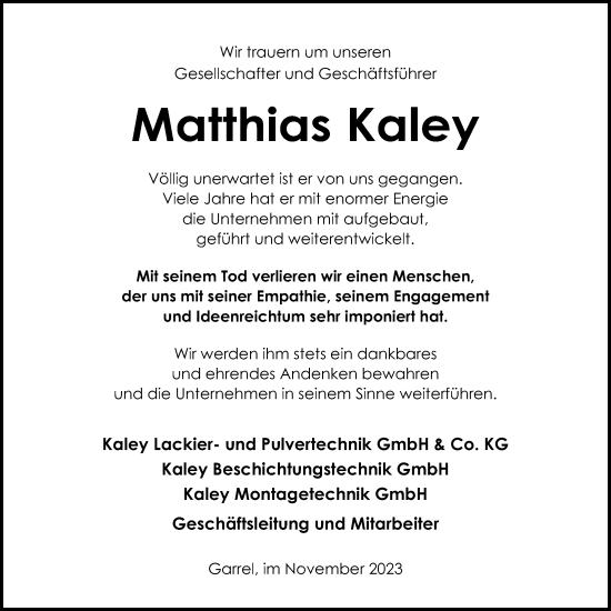 Anzeige von Matthias Kaley von OM-Medien