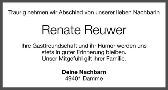 Anzeige von Renate Reuwer von OM-Medien