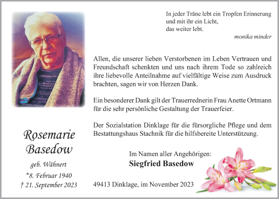 Anzeige von Rosemarie Basedow von OM-Medien