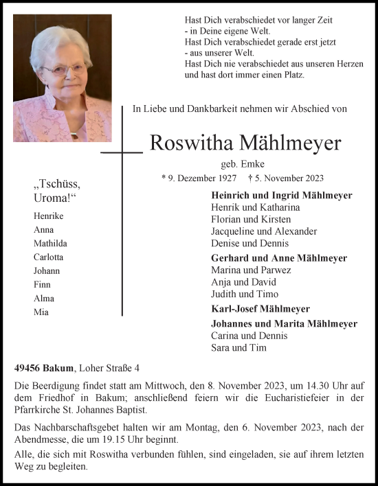 Anzeige von Roswitha Mählmeyer von OM-Medien
