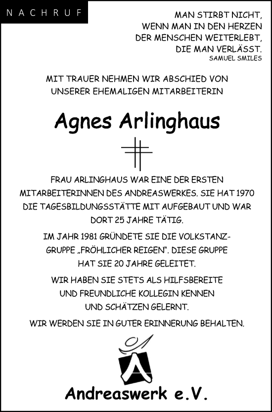 Anzeige von Agnes Arlinghaus von OM-Medien