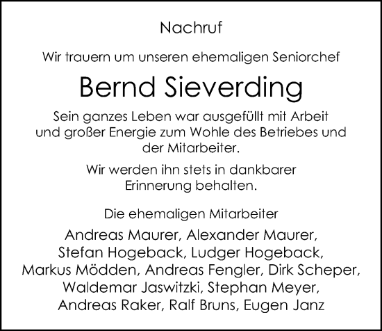 Anzeige von Bernd Sieverding von OM-Medien