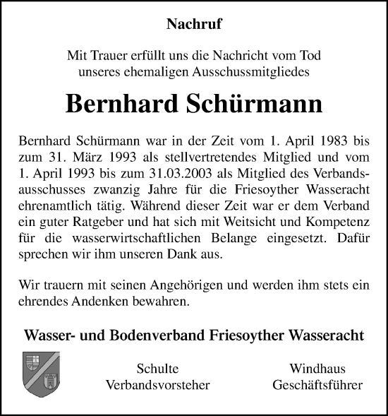 Anzeige von Bernhard Schürmann von OM-Medien