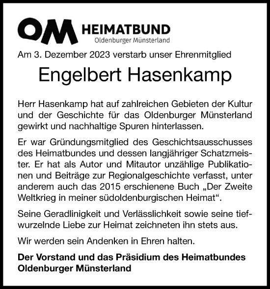 Anzeige von Engelbert Hasenkamp von OM-Medien