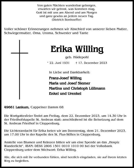 Anzeige von Erika Willing von OM-Medien