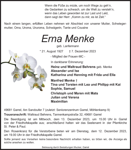 Anzeige von Erna Menke von OM-Medien