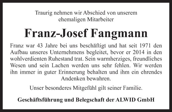 Anzeige von Franz-Josef Fangmann von OM-Medien