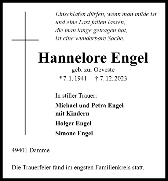 Anzeige von Hannelore Engel von OM-Medien
