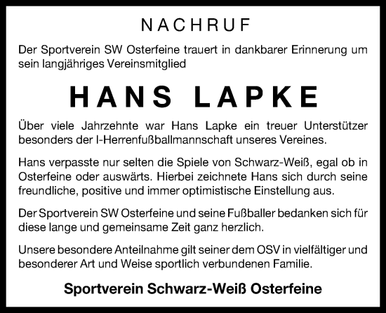 Anzeige von Hans Lapke von OM-Medien