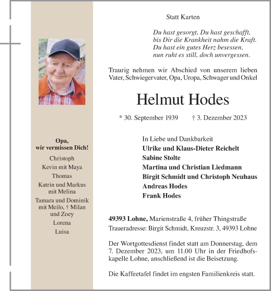 Anzeige von Helmut Hodes von OM-Medien