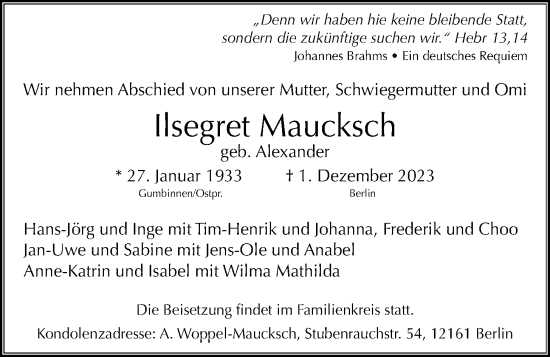 Anzeige von Ilsegret Maucksch von OM-Medien