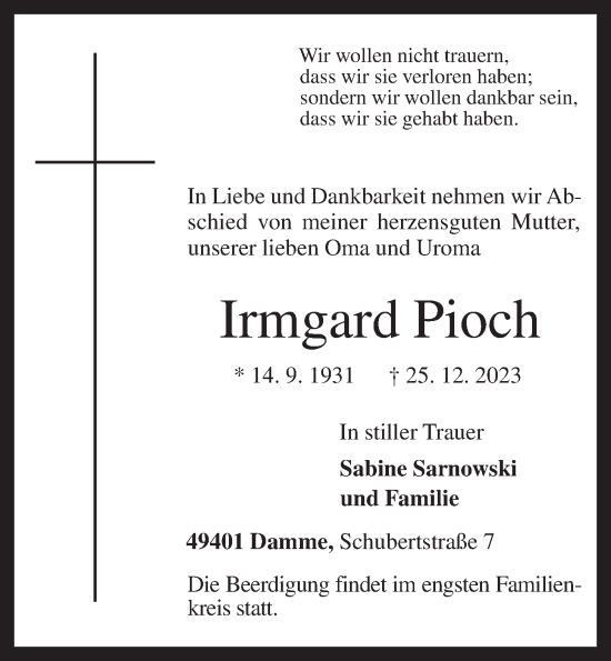 Anzeige von Irmgard Pioch von OM-Medien