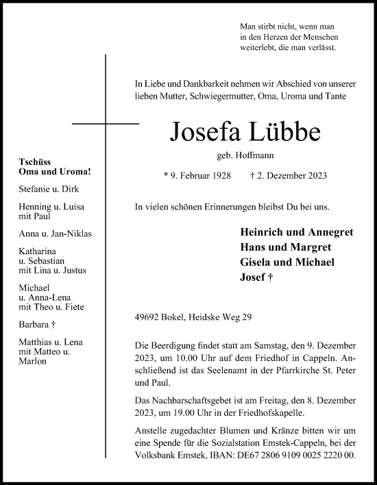 Anzeige von Josefa Lübbe von OM-Medien