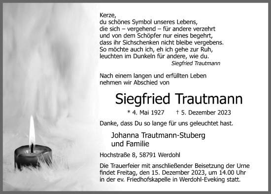 Anzeige von Siegfried Trautmann von OM-Medien