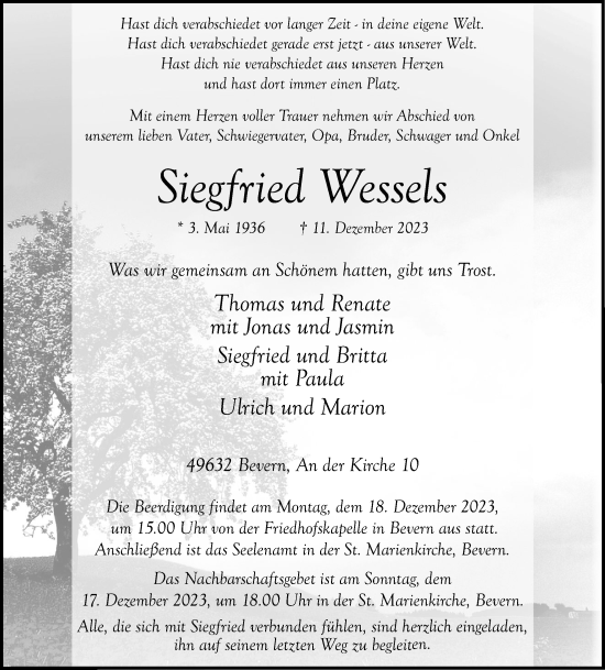 Anzeige von Siegfried Wessels von OM-Medien