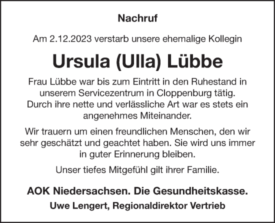 Anzeige von Ursula Lübbe von OM-Medien