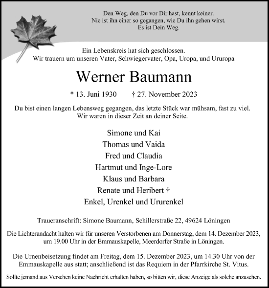 Anzeige von Werner Baumann von OM-Medien