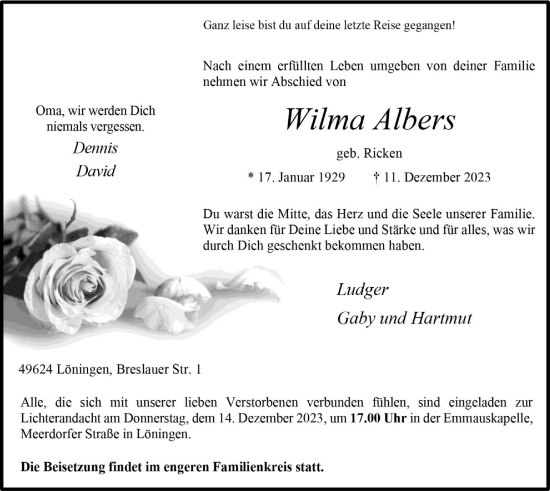 Anzeige von Wilma Albers von OM-Medien