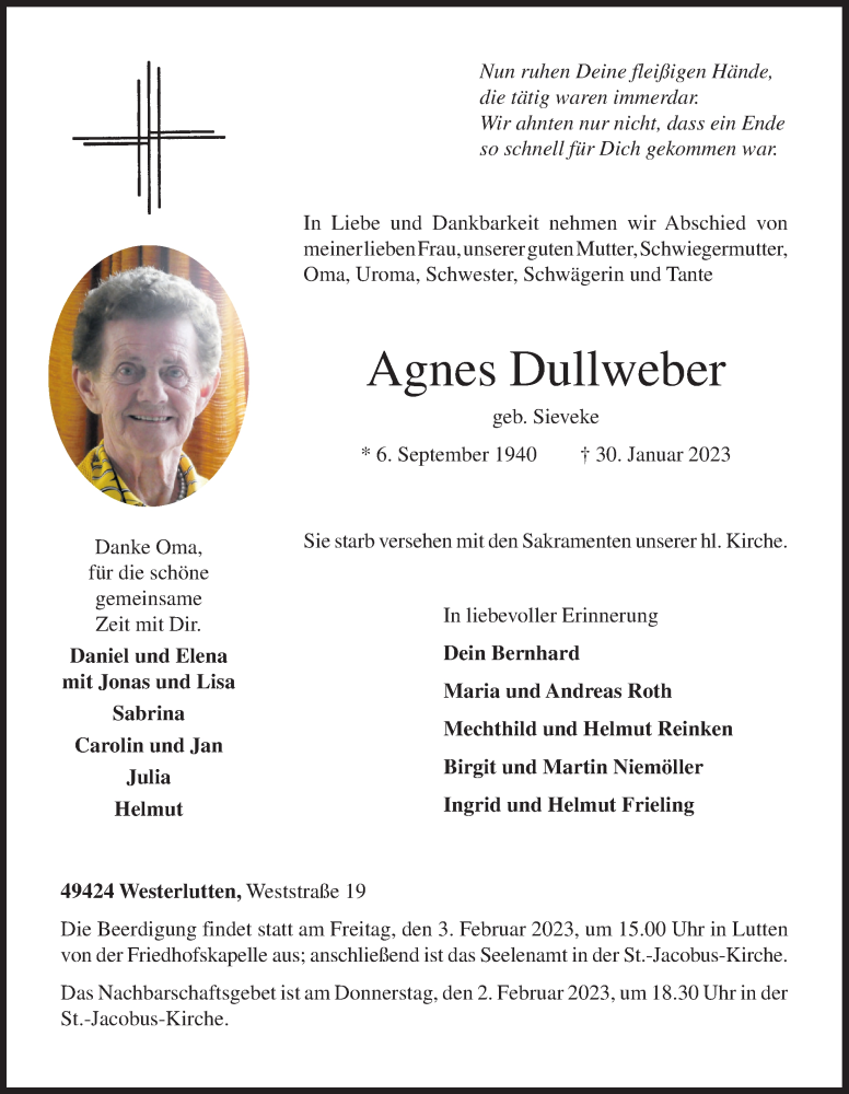  Traueranzeige für Agnes Dullweber vom 01.02.2023 aus OM-Medien