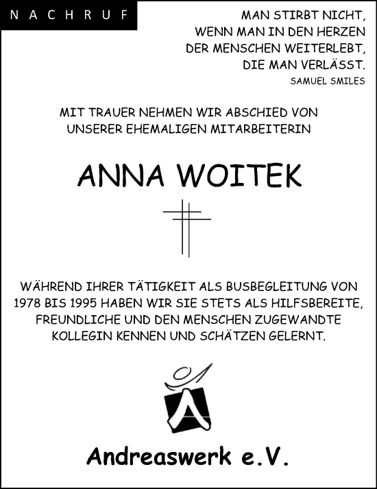 Anzeige von Anna Woitek von OM-Medien