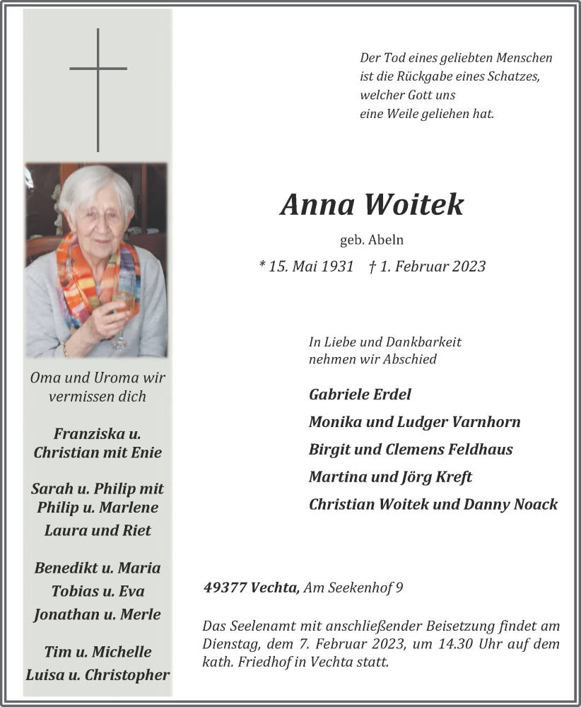  Traueranzeige für Anna Woitek vom 03.02.2023 aus OM-Medien