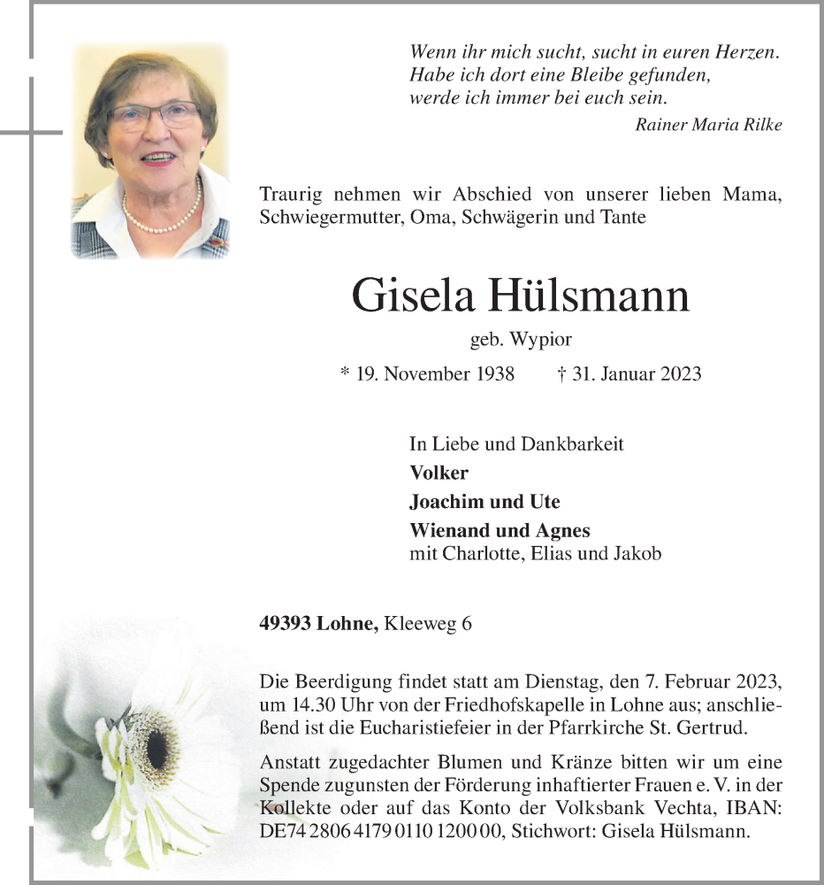  Traueranzeige für Gisela Hülsmann vom 02.02.2023 aus OM-Medien