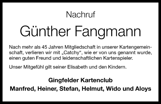 Anzeige von Günther Fangmann von OM-Medien