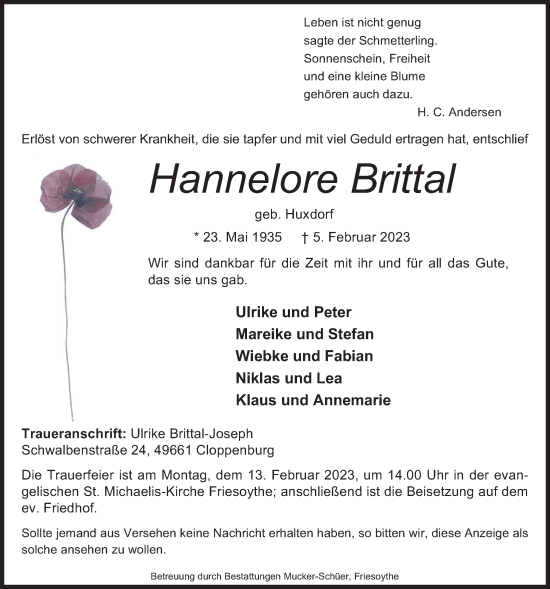 Anzeige von Hannelore Brittal von OM-Medien