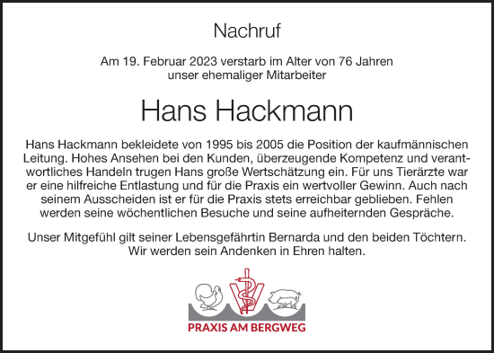 Anzeige von Hans Hackmann von OM-Medien