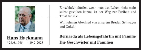 Anzeige von Hans Hackmann von OM-Medien