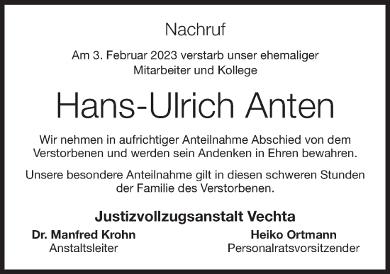 Anzeige von Hans-Ulrich Anten von OM-Medien