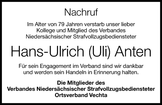 Anzeige von Hans-Ulrich Anten von OM-Medien