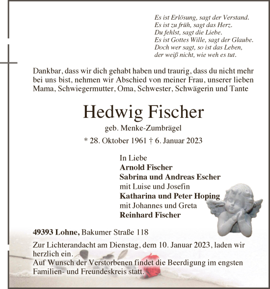 Anzeige von Hedwig Fischer von OM-Medien