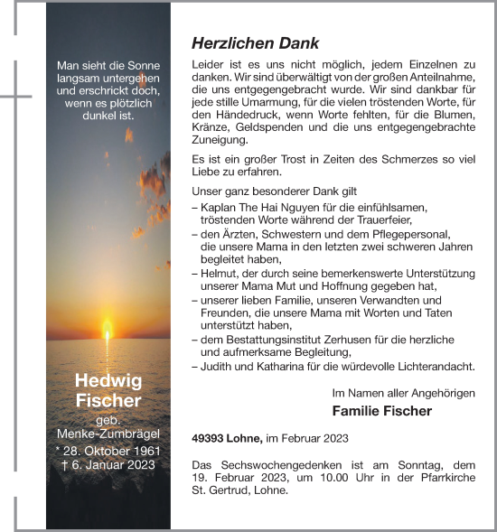 Anzeige von Hedwig Fischer von OM-Medien