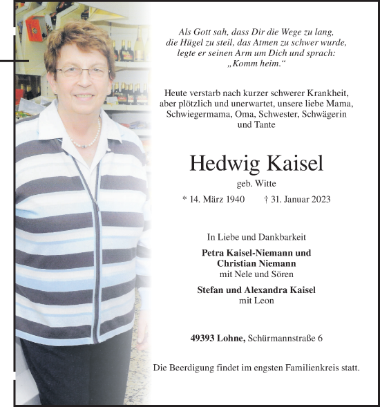 Anzeige von Hedwig Kaisel von OM-Medien